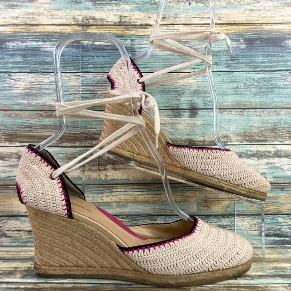 Via Spiga Shoes - Via Spiga Lenox Womens 9M Ankle Tie Espadrille Sandal Beige Crochet Wedge Heel